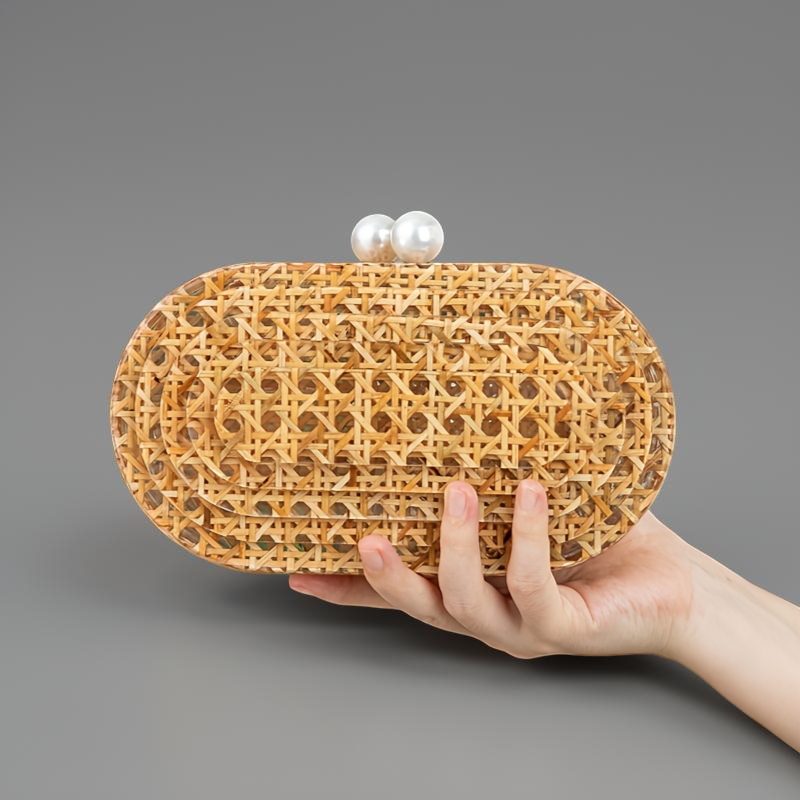 Rattan Clutch with Pearl Closure